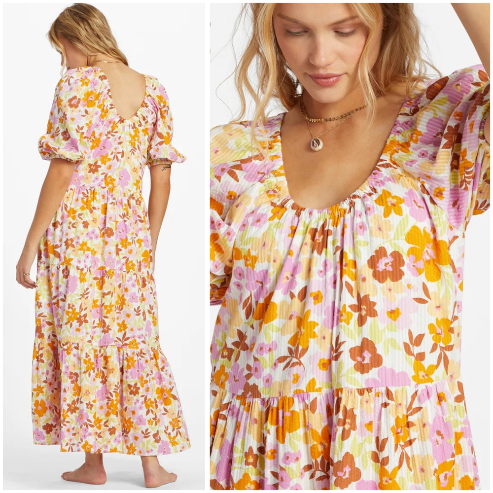 Billabong, Pink, Yellow & Cream Floral Puff-Sleeve Maxi Dress - Picture 2 of 2